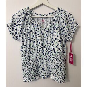 Justice Peasant Top Girls XL 16/18 Blue White Floral Smocked Tassel Boho